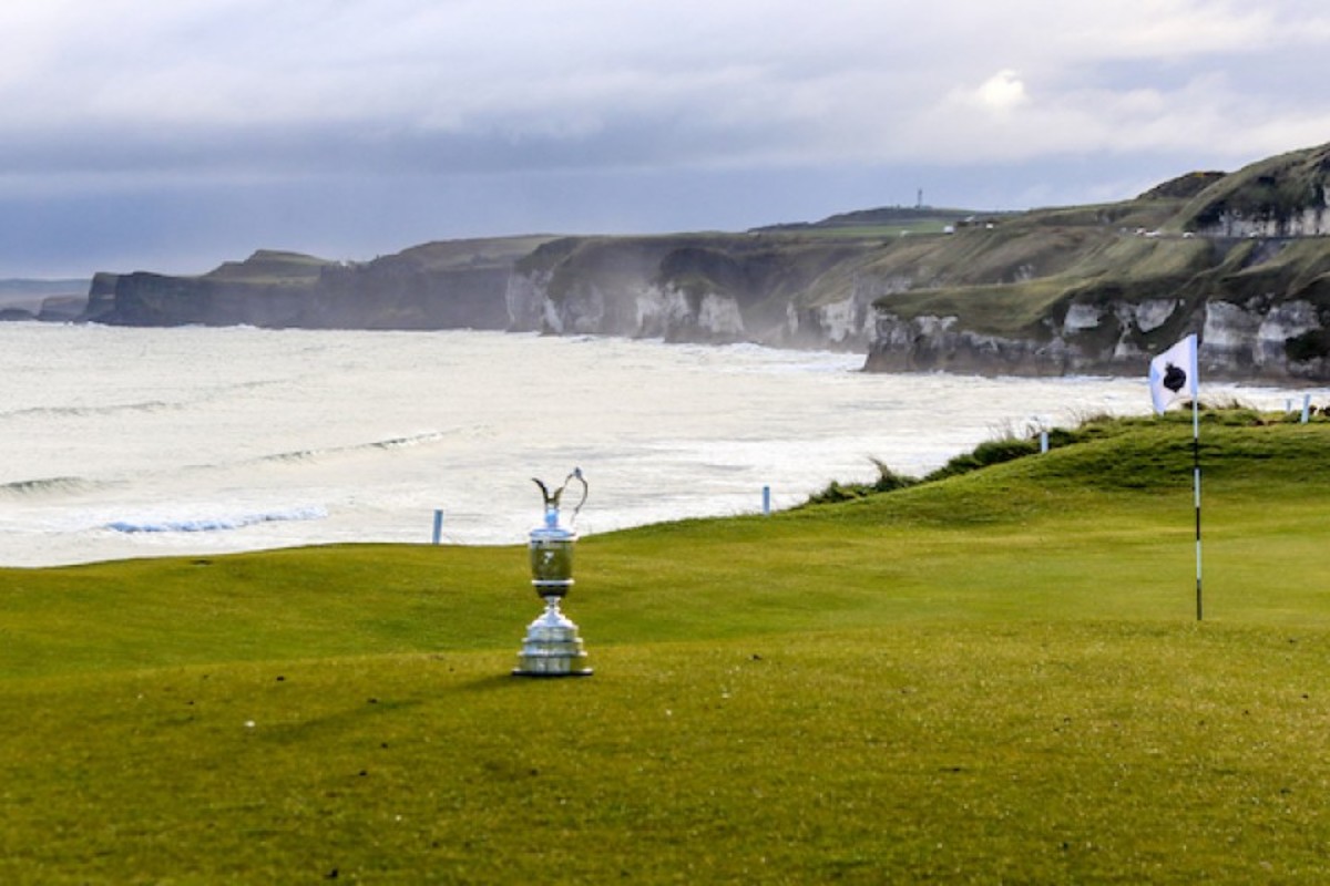 The Claret Jug, which goes to the winner of the British Open, sits beside the 5th green at Northern Ireland’s Royal Portrush, site of this week’s 148th Open.