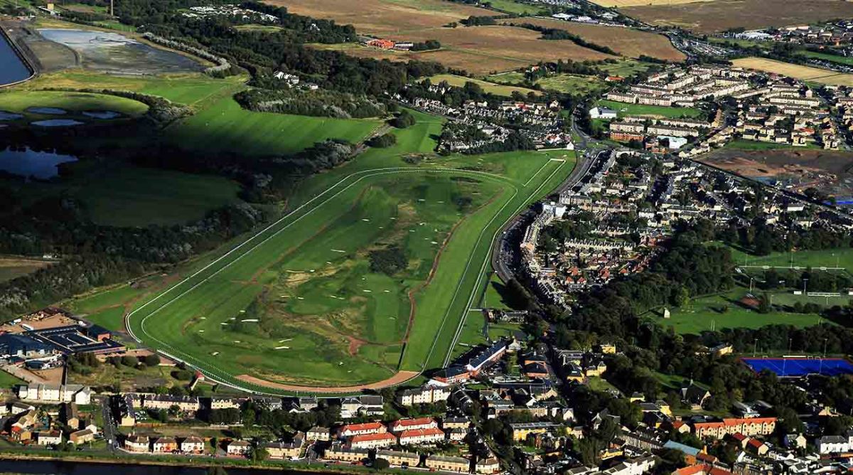An aerial view from 2012 of the Musselburgh Old Golf Links venue of the first British Open inside the Musselburgh Race Course.