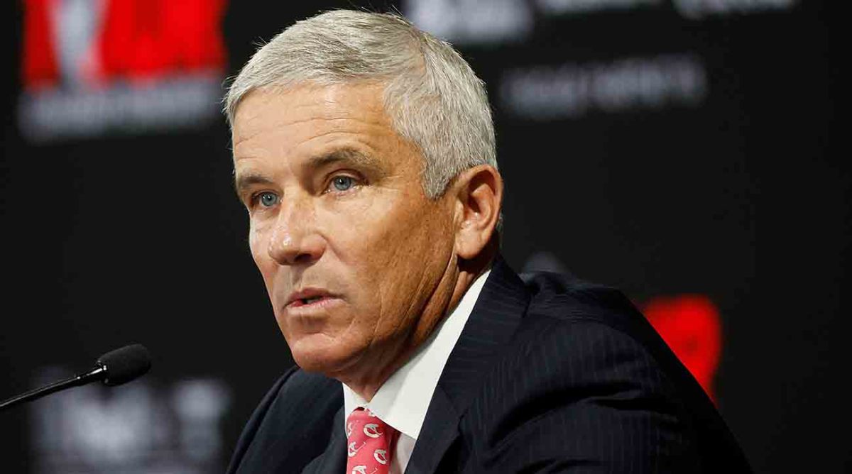 PGA Tour commissioner Jay Monahan speaks during a press conference prior to the 2022 Tour Championship at East Lake Golf Club in Atlanta, Ga.