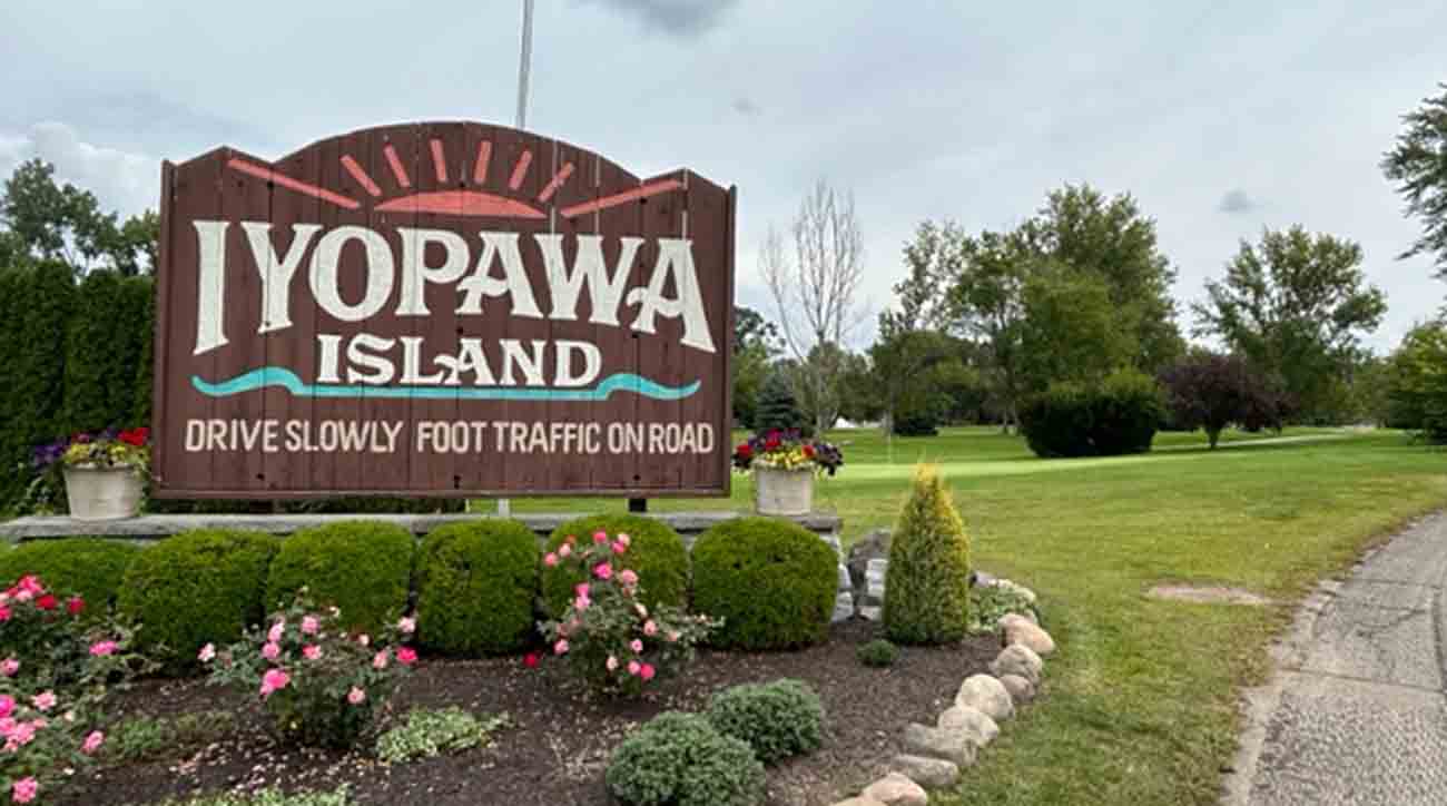 The welcome sign to Iyopawa Island in Michigan.