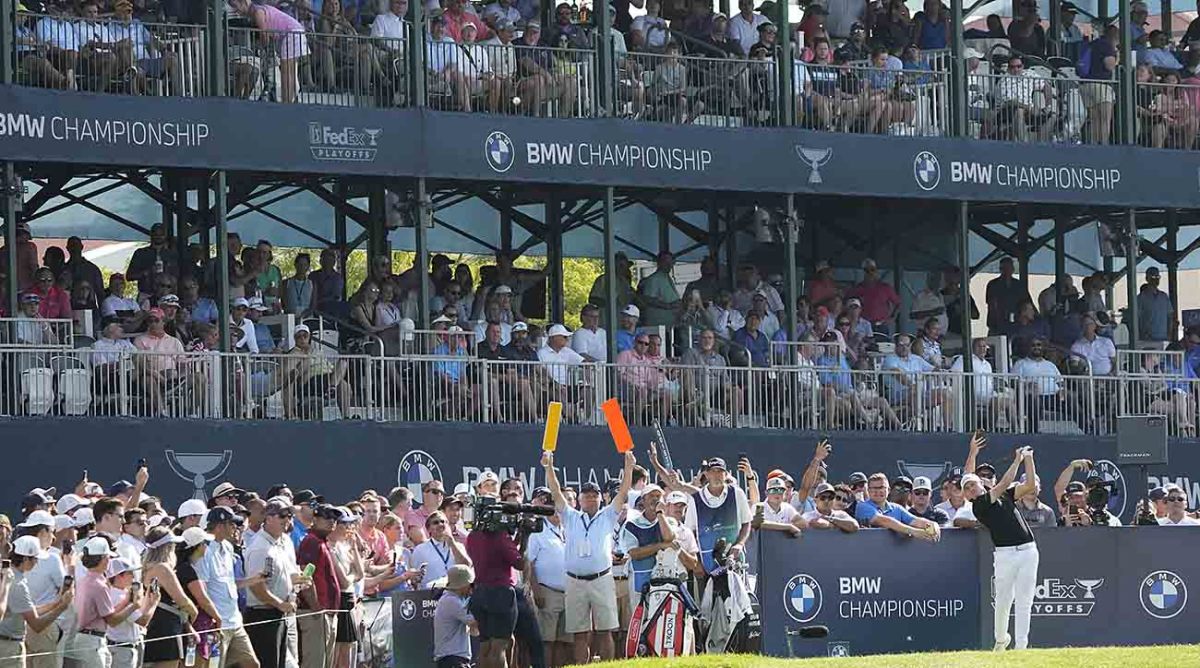 Matt Fitzpatrick watches his tee shot during the third round of the 2023 BMW Championship.
