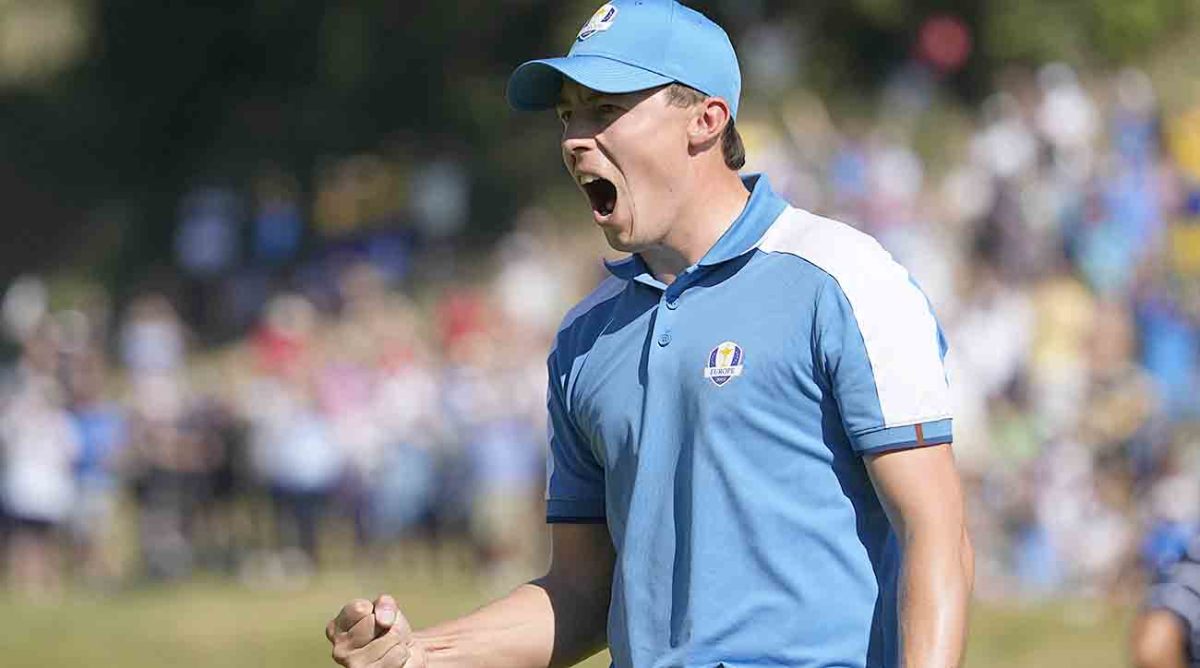 Europe's Matt Fitzpatrick celebrates on the 5th green during his afternoon fourballs match at the 2023 Ryder Cup at the Marco Simone Golf Club in Italy.