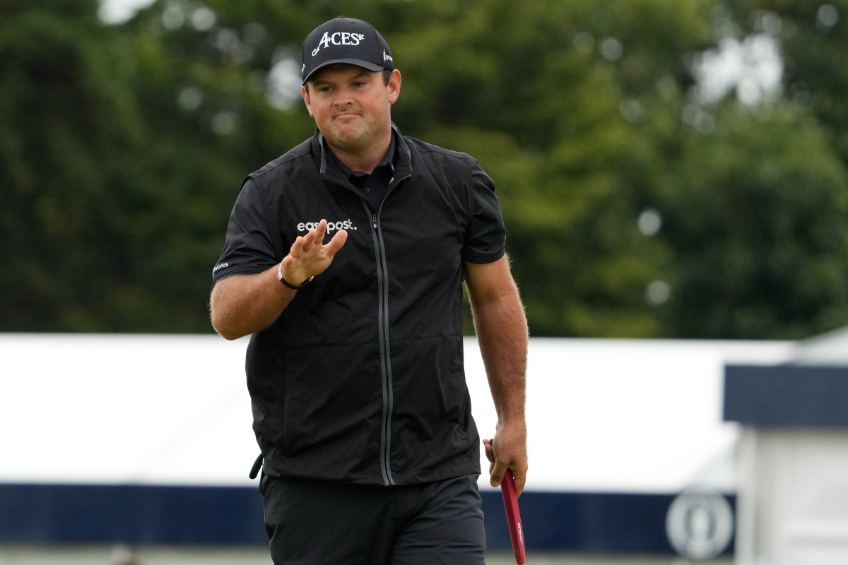 Patrick Reed (LIV player) reacts after putting on the second hole during the third round of The Open Championship golf tournament at Royal Liverpool. 