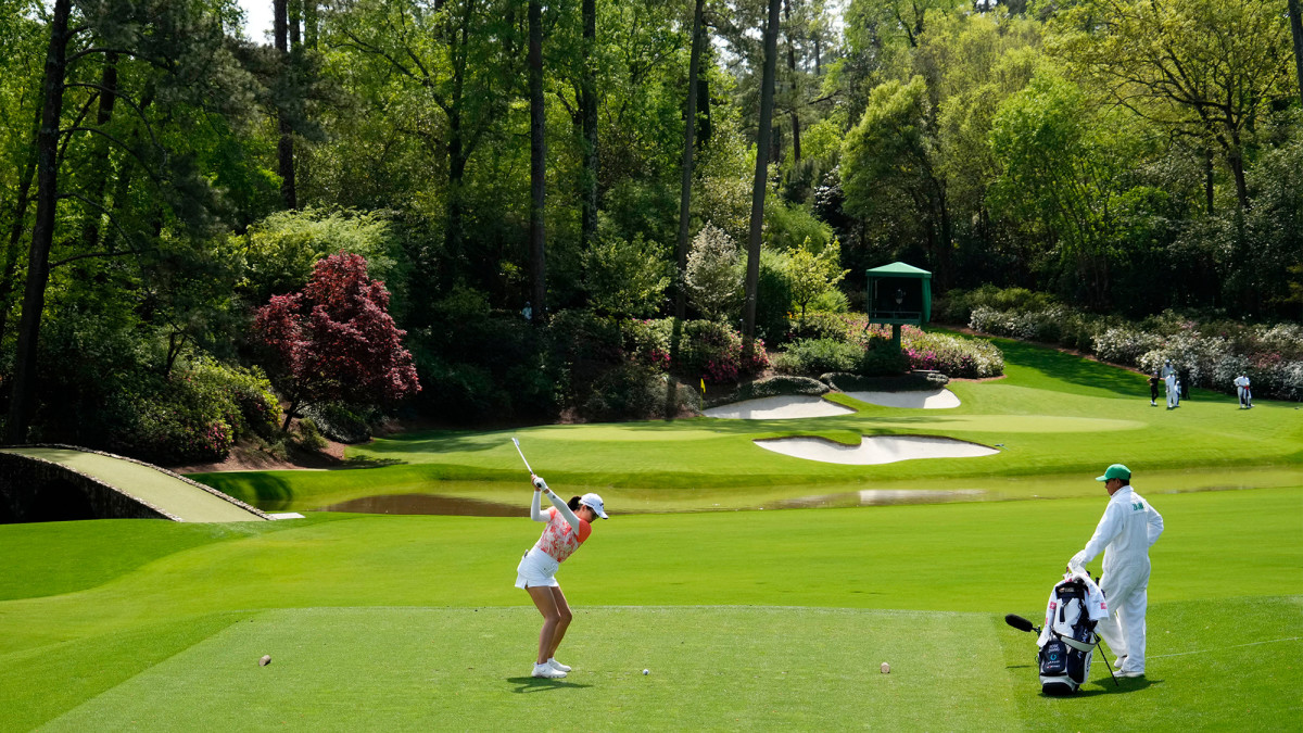 Rose Zhang plays her tee shot on the 12th hole during the final round of the Augusta National Women’s Amateur golf tournament.