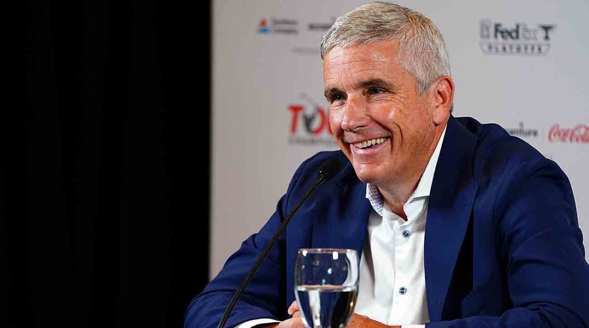 PGA Tour commissioner Jay Monahan addresses the media during a press conference prior to the 2023 Tour Championship in Atlanta, Ga.