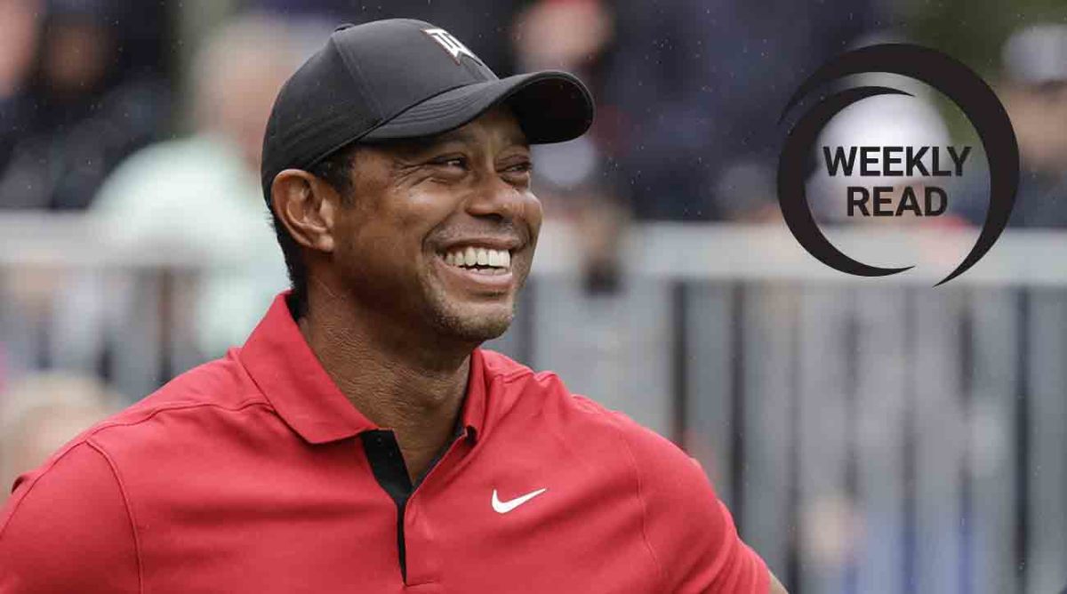 Tiger Woods is pictured at the 2023 PNC Championship along with the SI Golf Weekly Read logo.