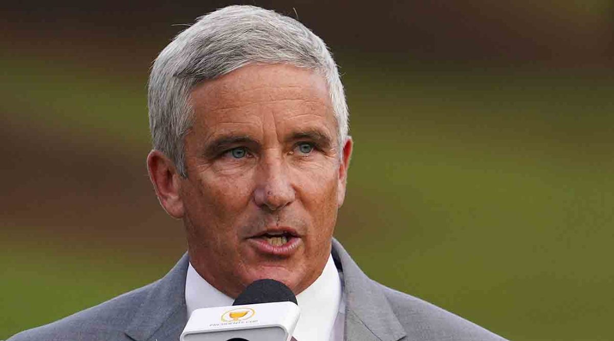 PGA Tour commissioner Jay Monahan talks during the singles match play of the 2022 Presidents Cup golf tournament at Quail Hollow Club in Charlotte, N.C.