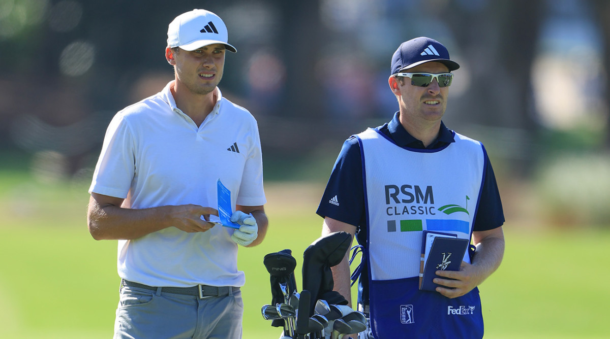 Ludvig Aberg of Sweden plans a shot from the first fairway during the third round of The RSM Classic on the Seaside Course at Sea Island Resort on November 18, 2023 in St Simons Island, Georgia. 