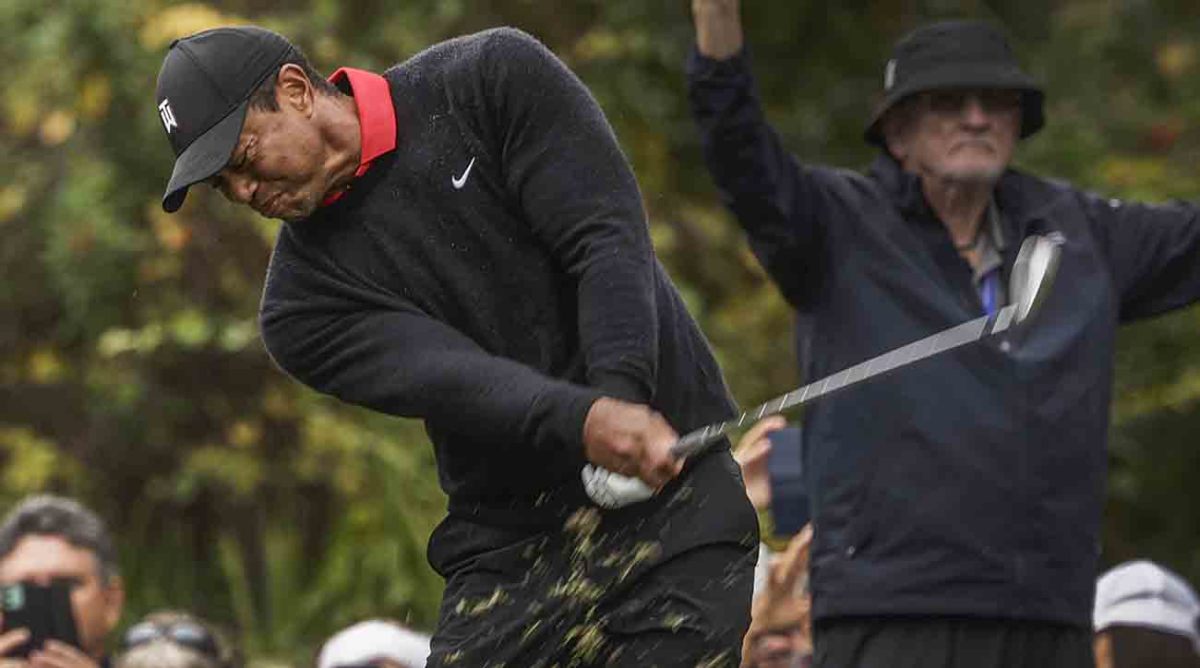 Tiger Woods tees off during the final round of the PNC Championship golf tournament, Sunday, Dec. 17, 2023, in Orlando, Fla.