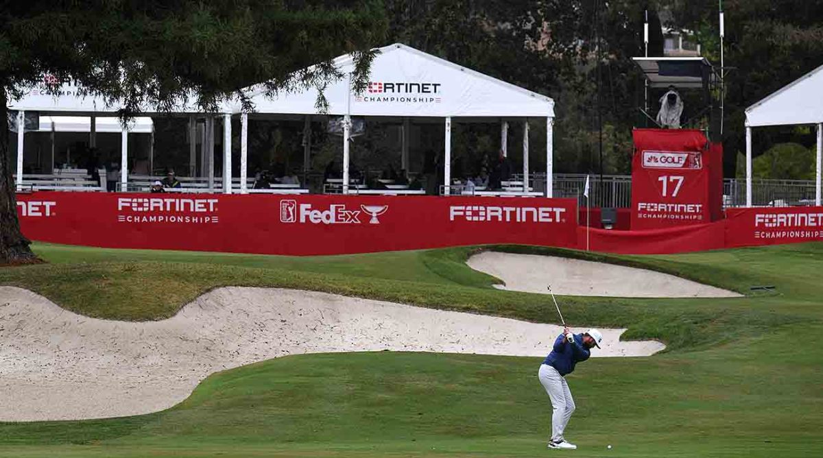 Michael Thompson of the United States hits an approach shot on the 17th hole during the final round of the 2022 Fortinet Championship at Silverado Resort and Spa North course in Napa, California.