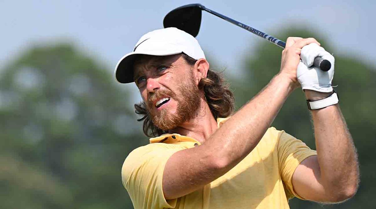 Tommy Fleetwood tees off on the 16th hole during the first round of the 2023 Tour Championship at East Lake Golf Club.