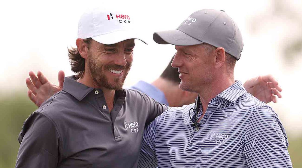 Tommy Fleetwood, Captain of Great Britain & Ireland and Luke Donald, European Ryder Cup Captain react on Day Three of the Hero Cup at Abu Dhabi Golf Club on January 15, 2023 in Abu Dhabi, United Arab Emirates.