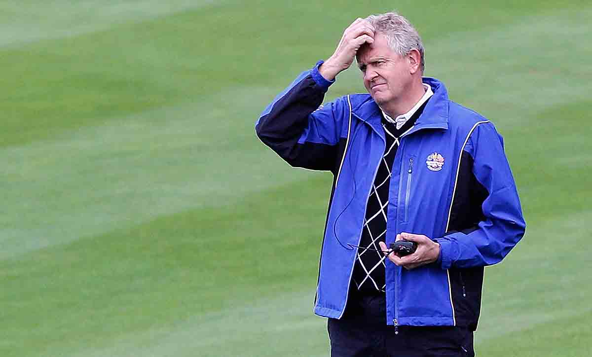 Europe captain Colin Montgomerie looks on during the 2010 Ryder Cup at the Celtic Manor Resort in Newport, Wales.