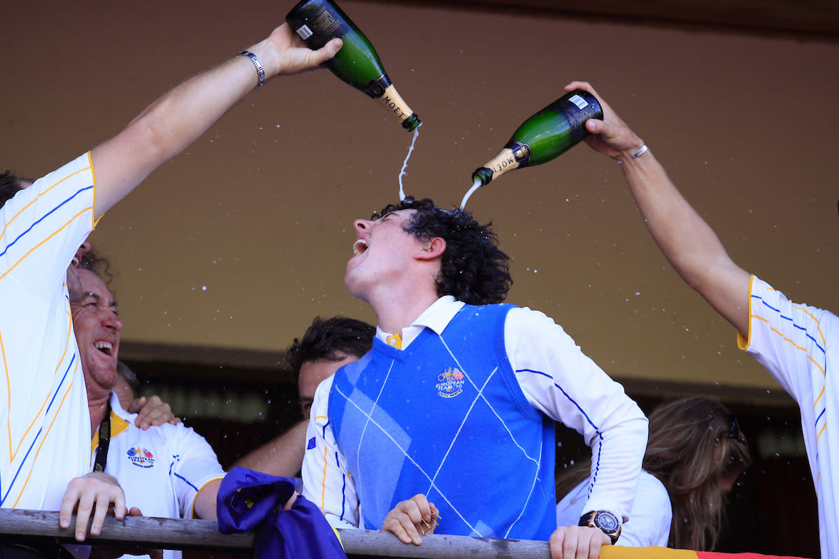 Rory McIlroy celebrates Europe's 2010 Ryder Cup win.