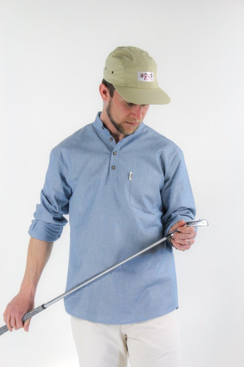 Solo Golf Co.'s long-sleeve, band-collar shirt in chambray.