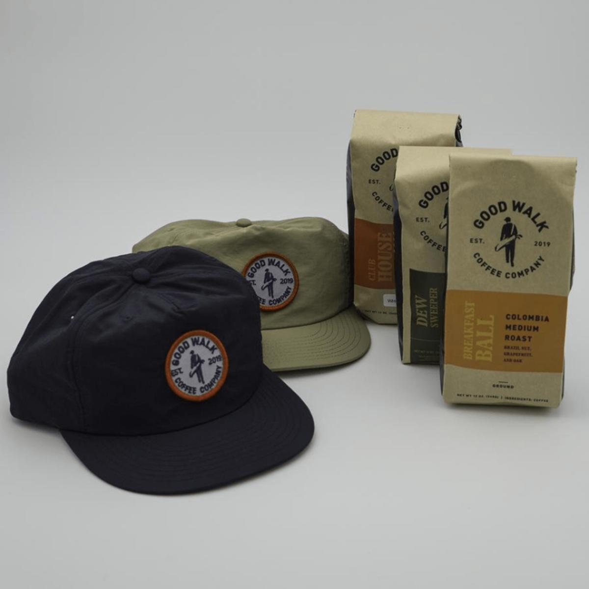 Good Walk Coffee Co. logo hats and coffee beans.