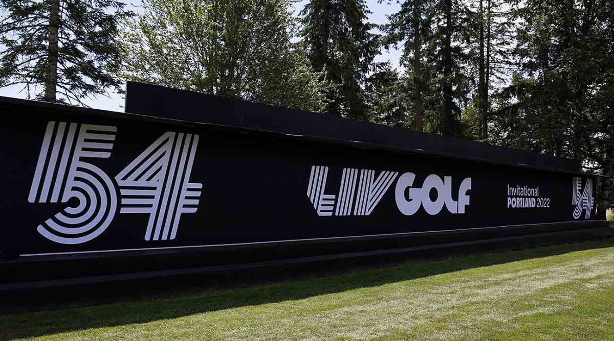 LIV Golf signage is pictured at the 2022 Portland tournament.