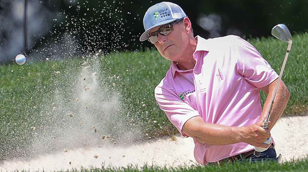 Justin Leonard watches a bunker shot at the 2022 Senior Players Championship in Akron, Ohio.