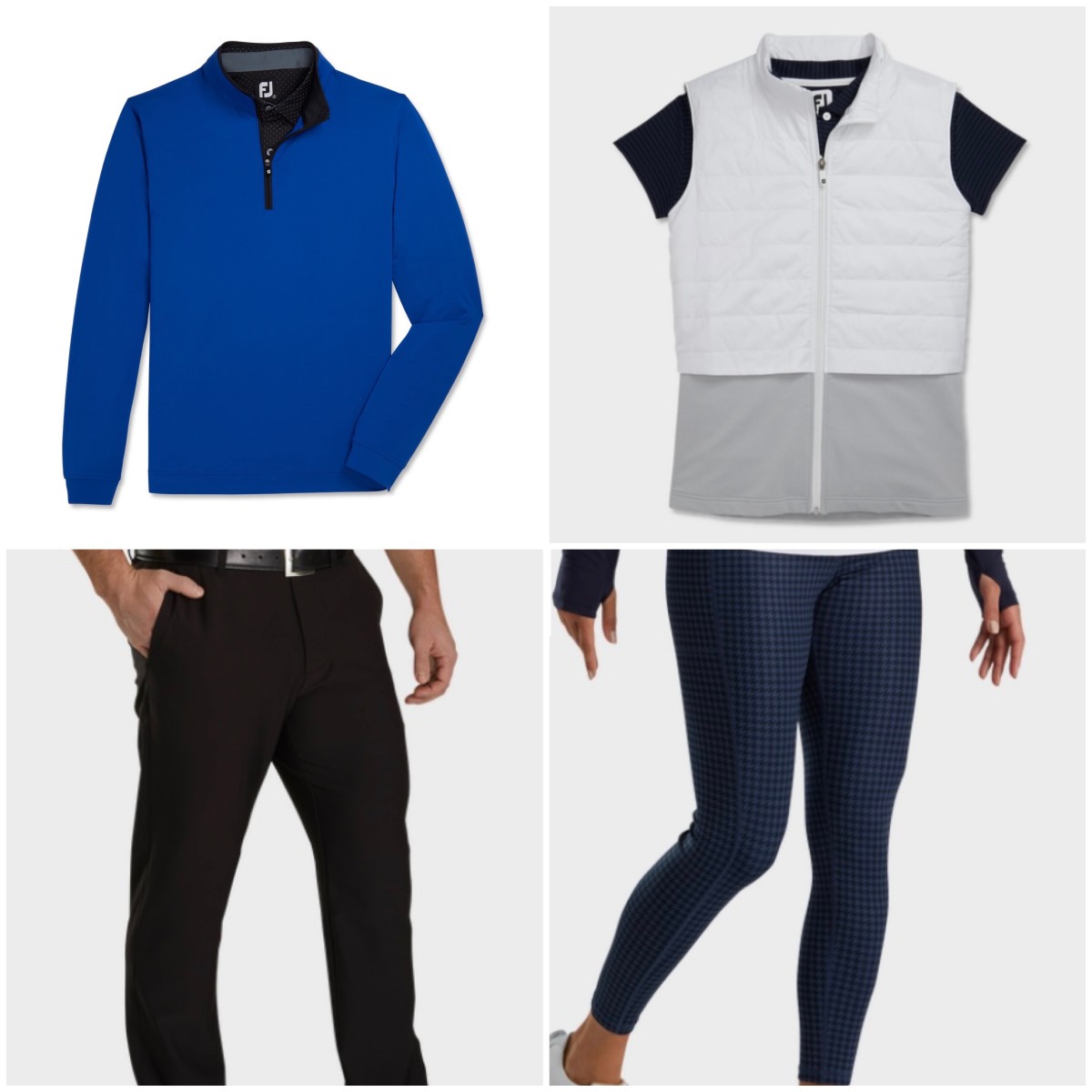 FootJoy's mid-layer paired with pants is a sharp look, while the insulated vest with leggings is a sporty look for women.  
