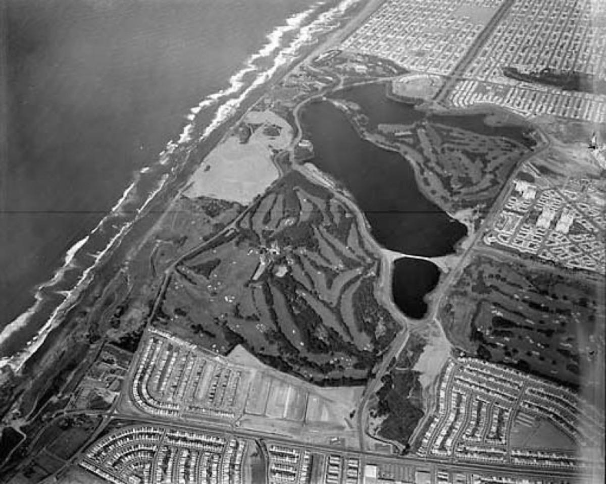 An aerial view of Harding Park Golf Club, at top, in 1955. The Olympic Club is located at the bottom, below Lake Merced, while the San Francisco Golf Club is to the right. In 1956, Harding Park hosted the San Francisco City Championship, one of the eras top amateur events. Ken Venturi, a local favorite and the 1950 and '53 champion, defeated Harvie Ward, the 1955 San Francisco City and reigning U.S. and British Amateur champion, in the final.