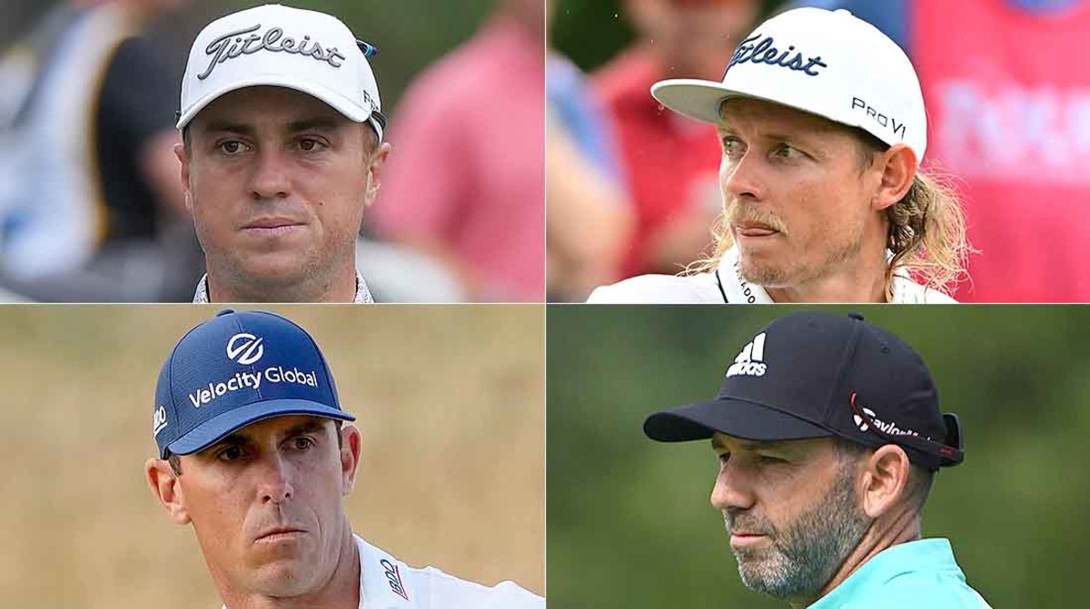 PGA Tour players Justin Thomas (top left) and Billy Horschel (bottom left) are pictured alongside LIV Golf players Cam Smith (top right) and Sergio Garcia (bottom right).