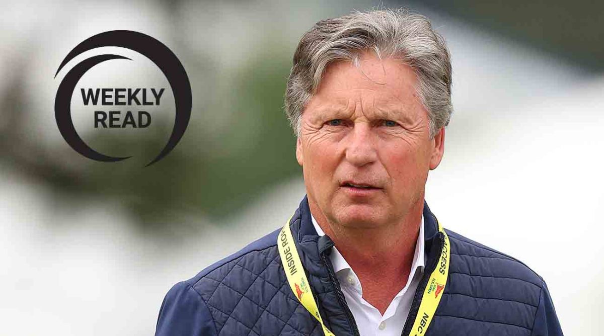 TV Analyst Brandel Chamblee is pictured at the 2023 U.S. Open along with the SI Golf Weekly Read logo.