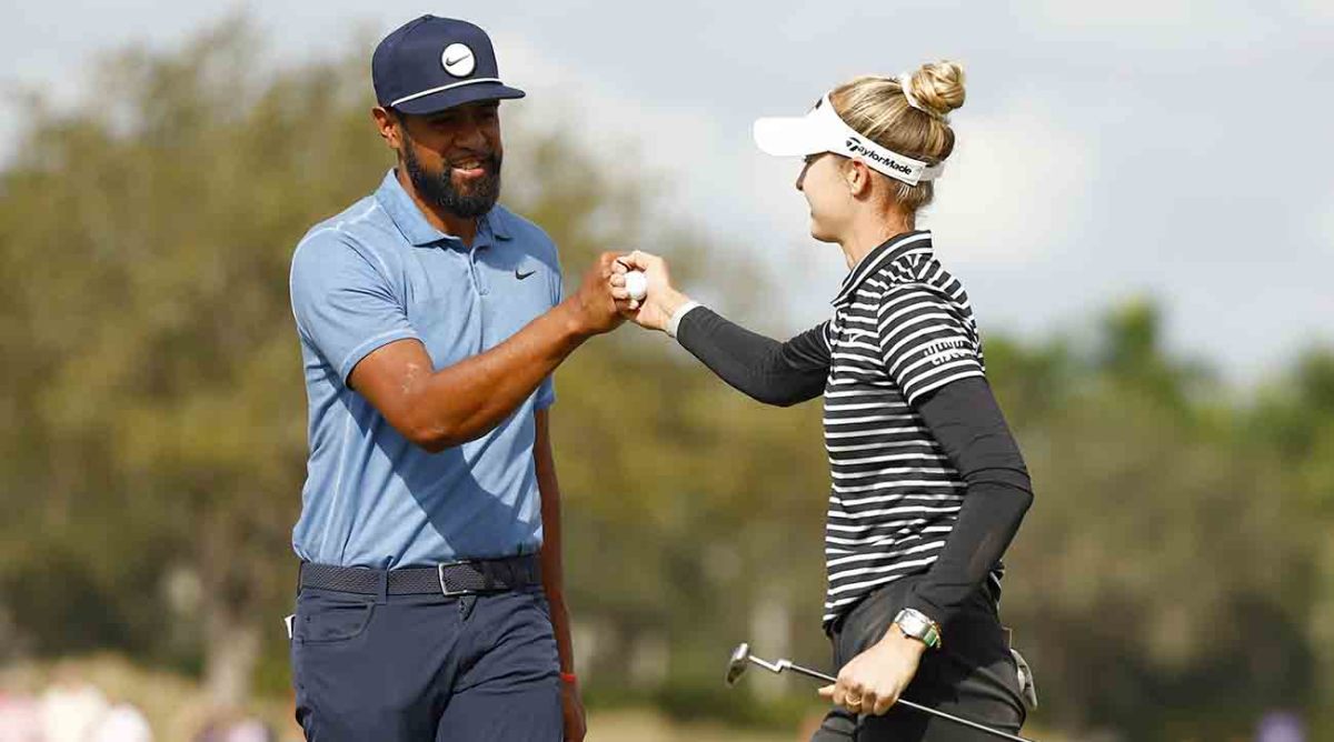 Tony Finau and Nelly Korda bump fists on the ninth green during the first round of the Grant Thornton Invitational at Tiburon Golf Club on Dec. 8, 2023 in Naples, Fla.