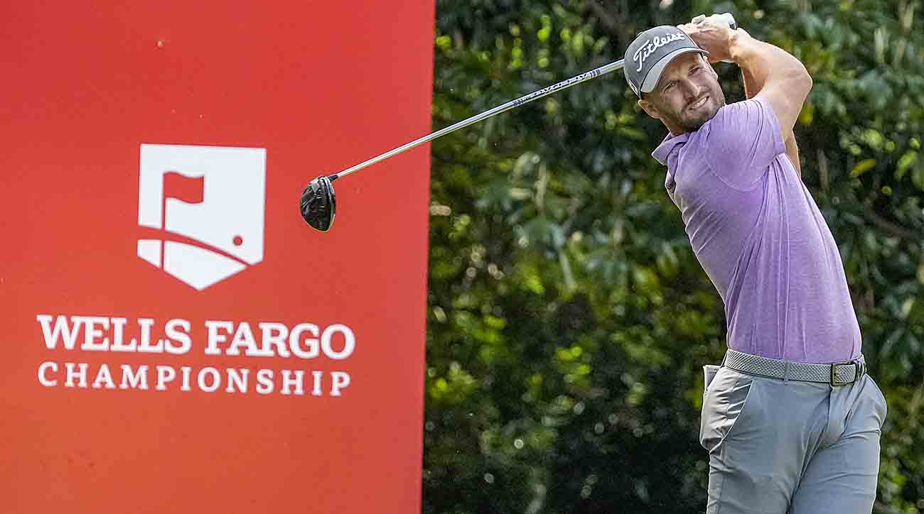 Wyndham Clark hits a tee shot during the 2023 Wells Fargo Championship in Charlotte, N.C.