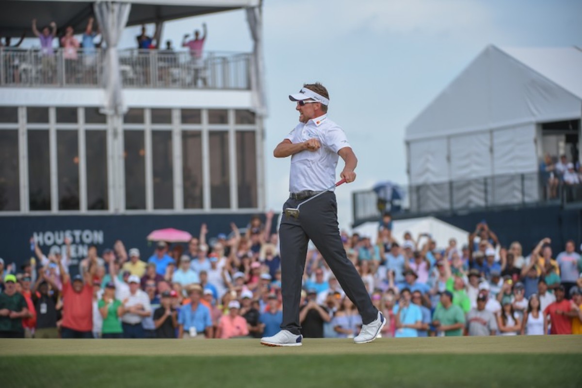 England’s Ian Poulter, celebrating his winning putt last year at the Houston Open, won’t be back in Texas this week to defend his title as the Houston Open makes a final visit to the Golf Club of Houston.
