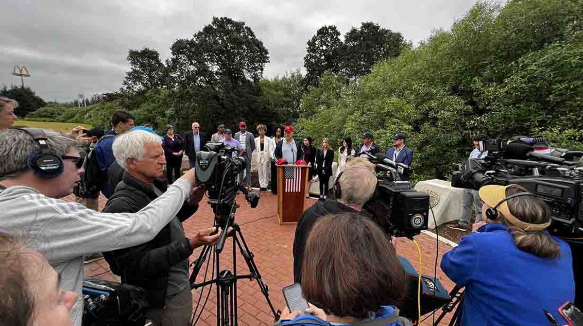 Members of 9/11 Justice held a press conference on the first day of the LIV Golf Invitational event outside Portland, Oregon.