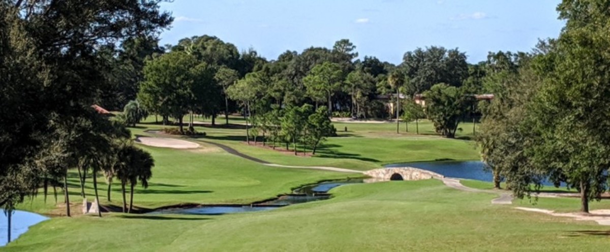 El Campeon, Mission Inn Resort & Club's century-old course, features ample elevation change and water throughout its design — such as at the par-4 seventh hole.  