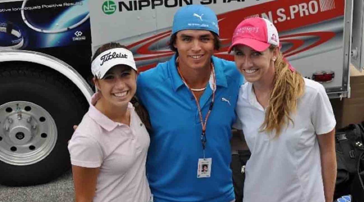 Annie Dulman (left) and Kailey Ashton (right) meet Rickie Fowler at the 2011 Honda Classic pro-am.