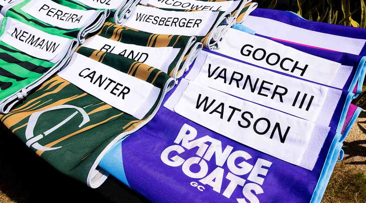 Caddie bibs are shown prior to a round at the LIV Golf 2023 opener at Mayakoba.