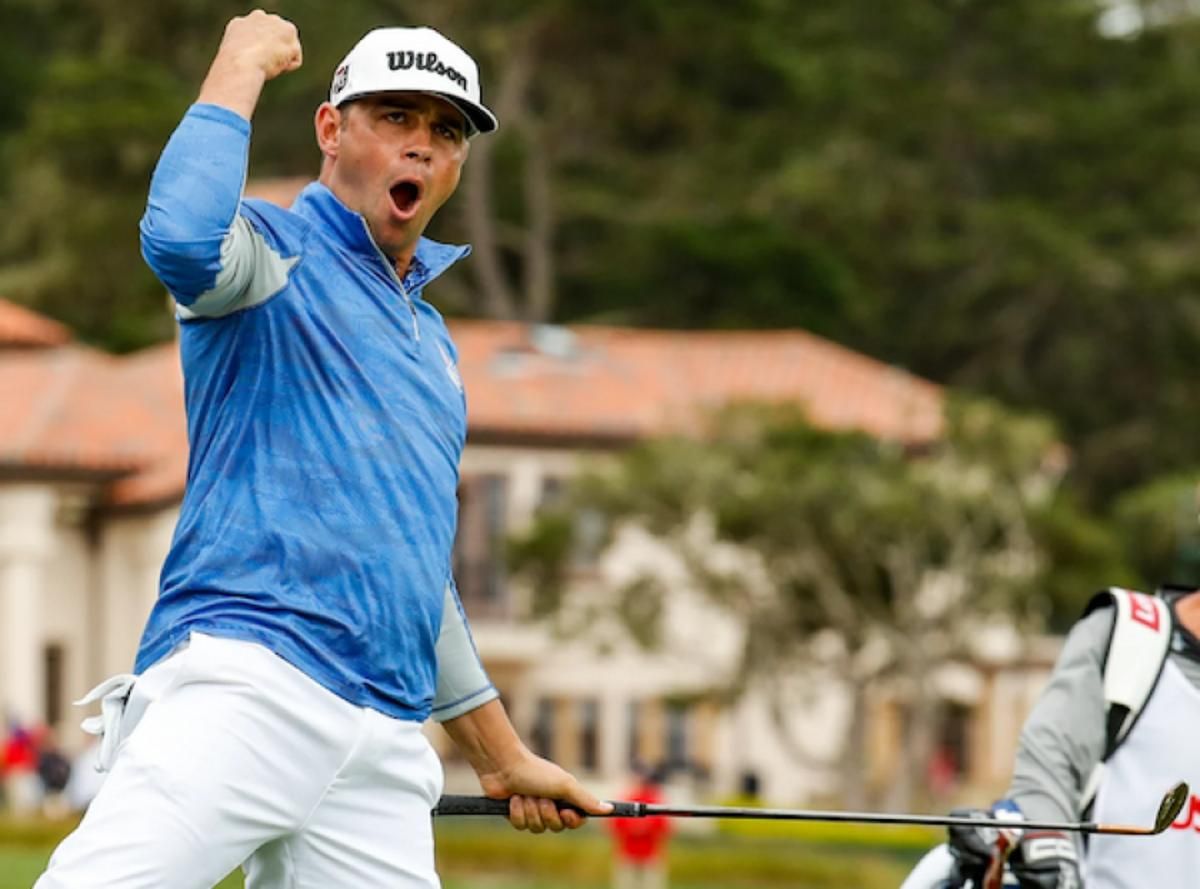 Gary Woodland celebrates a pivotal par save on the 12th hole during the 3rd round of the U.S. Open on Saturday at Pebble Beach..