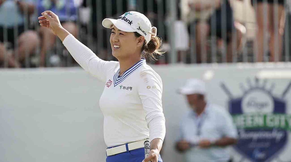 Minjee Lee reacts after sinking a birdie putt on the 18th green in the second playoff hole to win the 2023 LPGA Kroger Queen City Championship.