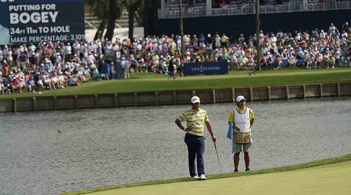 Hideki Matsuyama is pictured at the 17th green during the 2023 Players Championship.