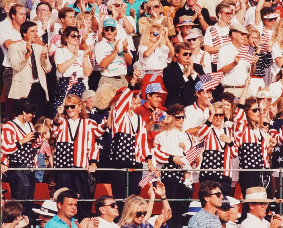 A partisan American crowd cheers the home team during the 1991 Ryder Cup at Kiawah Island Resort's Ocean Course in South Carolina.