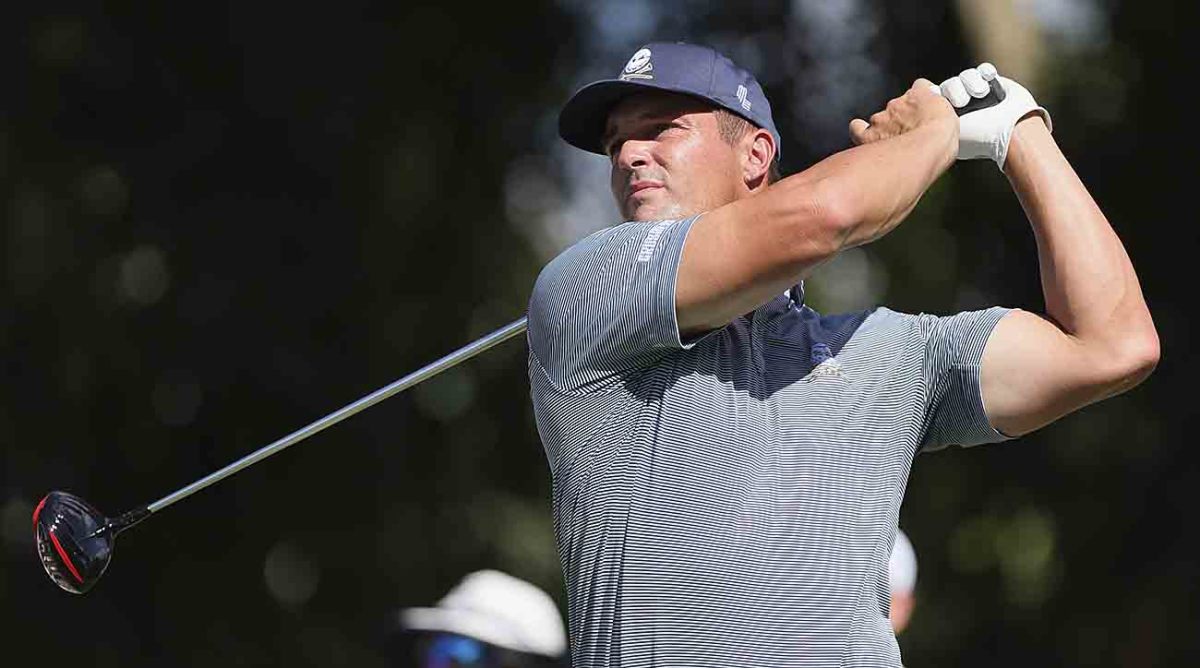 Bryson Dechambeau plays his shot from the 7th tee during the second round of the 2023 LIV Golf Miami golf tournament at Trump National Doral.