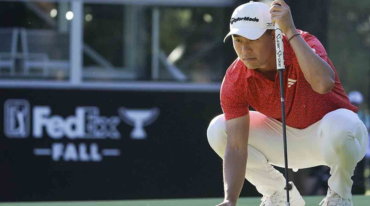 Collin Morikawa prepares to putt on the 17th green in the final round of the 2023 Zozo Championship in Japan.