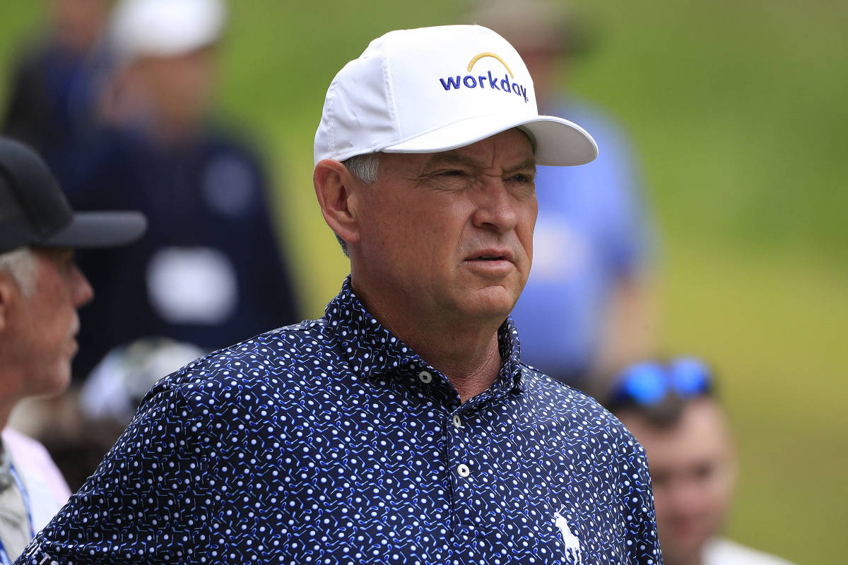 Davis Love III surveys the fairway on the first hole during the second round of the PGA, Golf Herren Champions Tour Mitsubishi Electric Classic golf tournament on May 6, 2023 at TPC Sugarloaf in Duluth, Georgia.