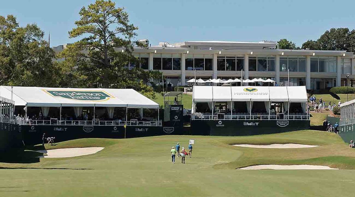A general view of the 18th green during the final round of the 2023 Sanderson Farms Championship at The Country Club of Jackson in Jackson, Mississippi.