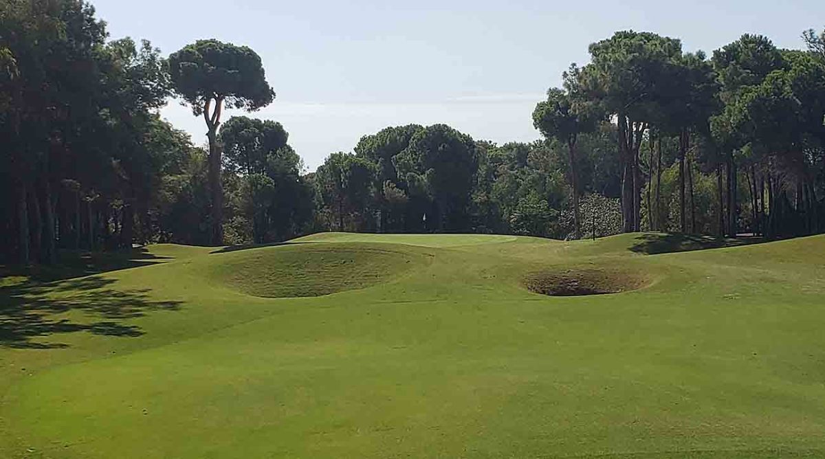 The "Spectacles" hole, 13, Antalya Golf Club Sultan course.