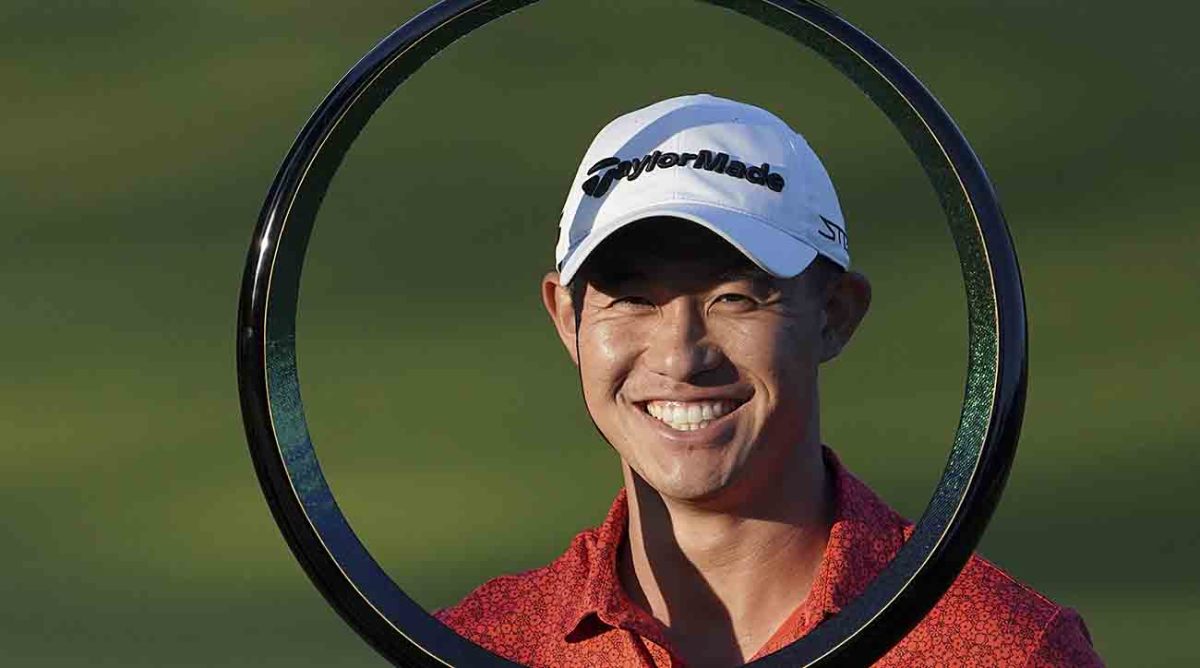 Collin Morikawa poses with the trophy after winning the PGA Tour Zozo Championship at the Narashino Country Club in Inzai on the outskirts of Tokyo, Sunday, Oct. 22, 2023.