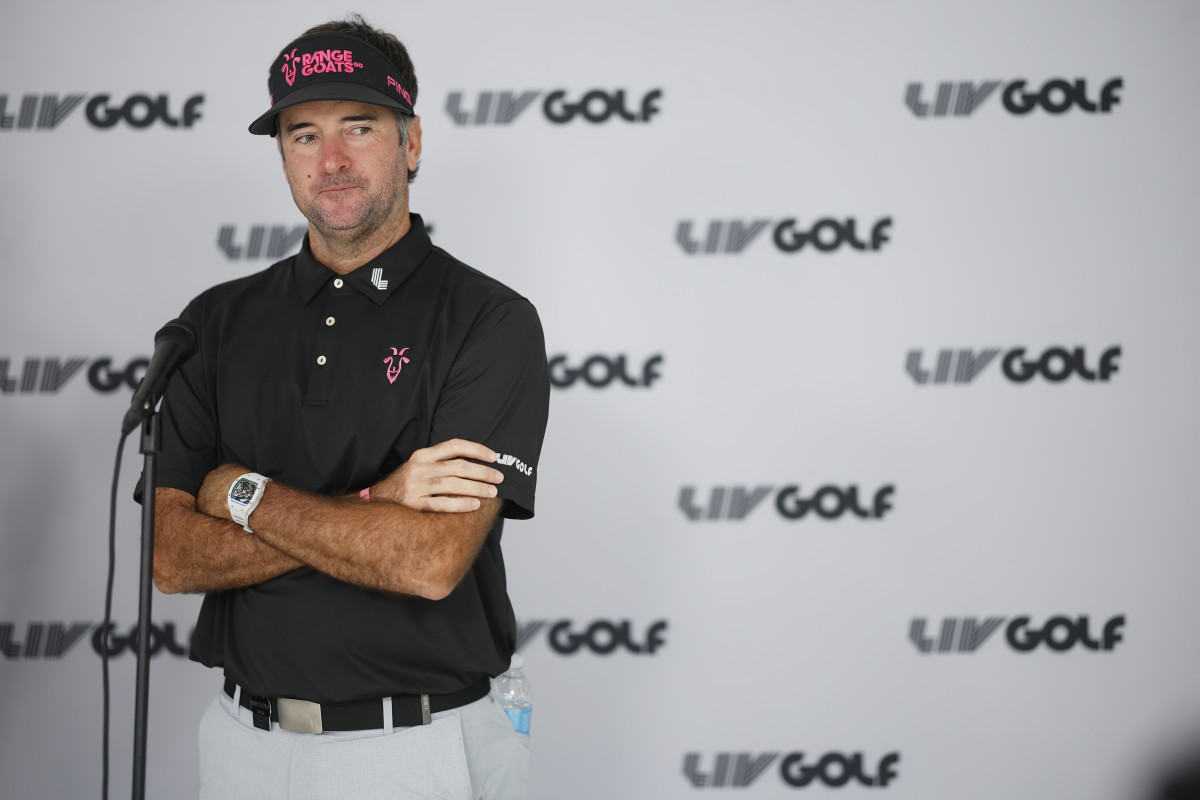 Captain Bubba Watson of the RangeGoats GC attends a press conference during a press conference during the pro-am prior to the LIV Golf Invitational - Miami at Trump National Doral Miami on October 19, 2023 in Doral, Florida.