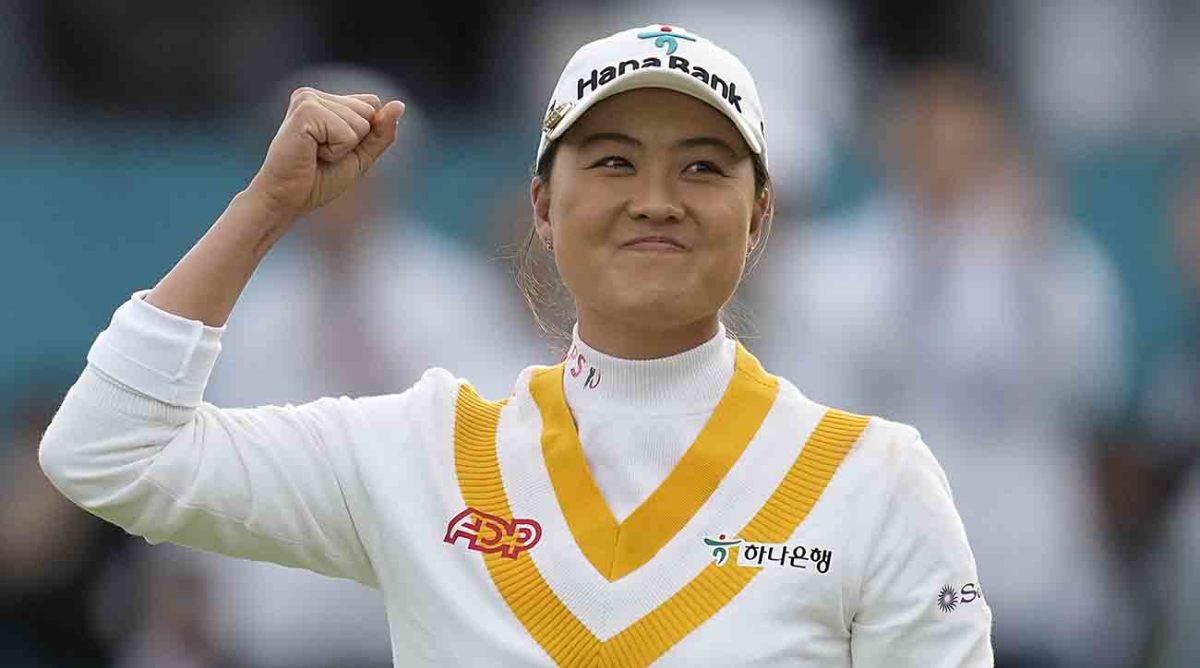 Minjee Lee of Australia celebrates after winning the BMW Ladies Championship at the Seowon Hills Country Club in Paju, South Korea, Sunday, Oct. 22, 2023.