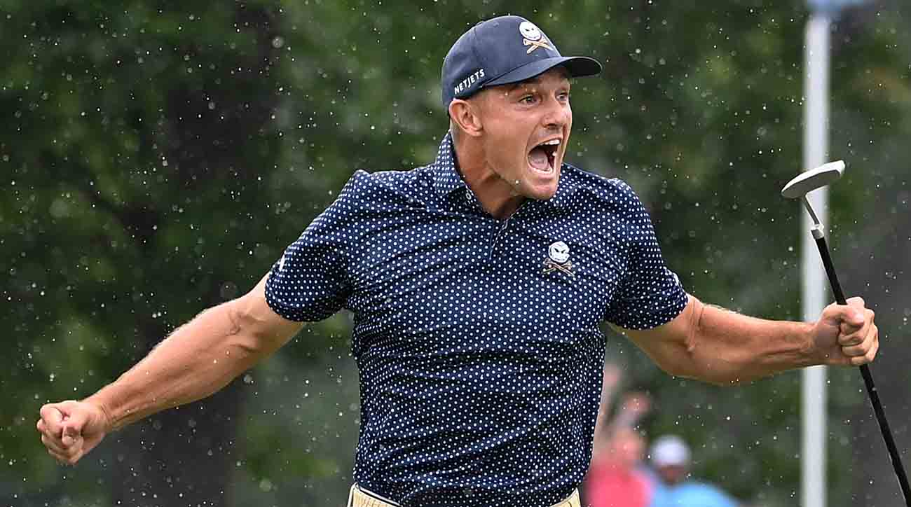 Bryson DeChambeau celebrates after hitting a birdie putt on 18 and shooting a record 58 during the final round of the LIV Golf event at The Old White Course at the Greenbrier Resort.
