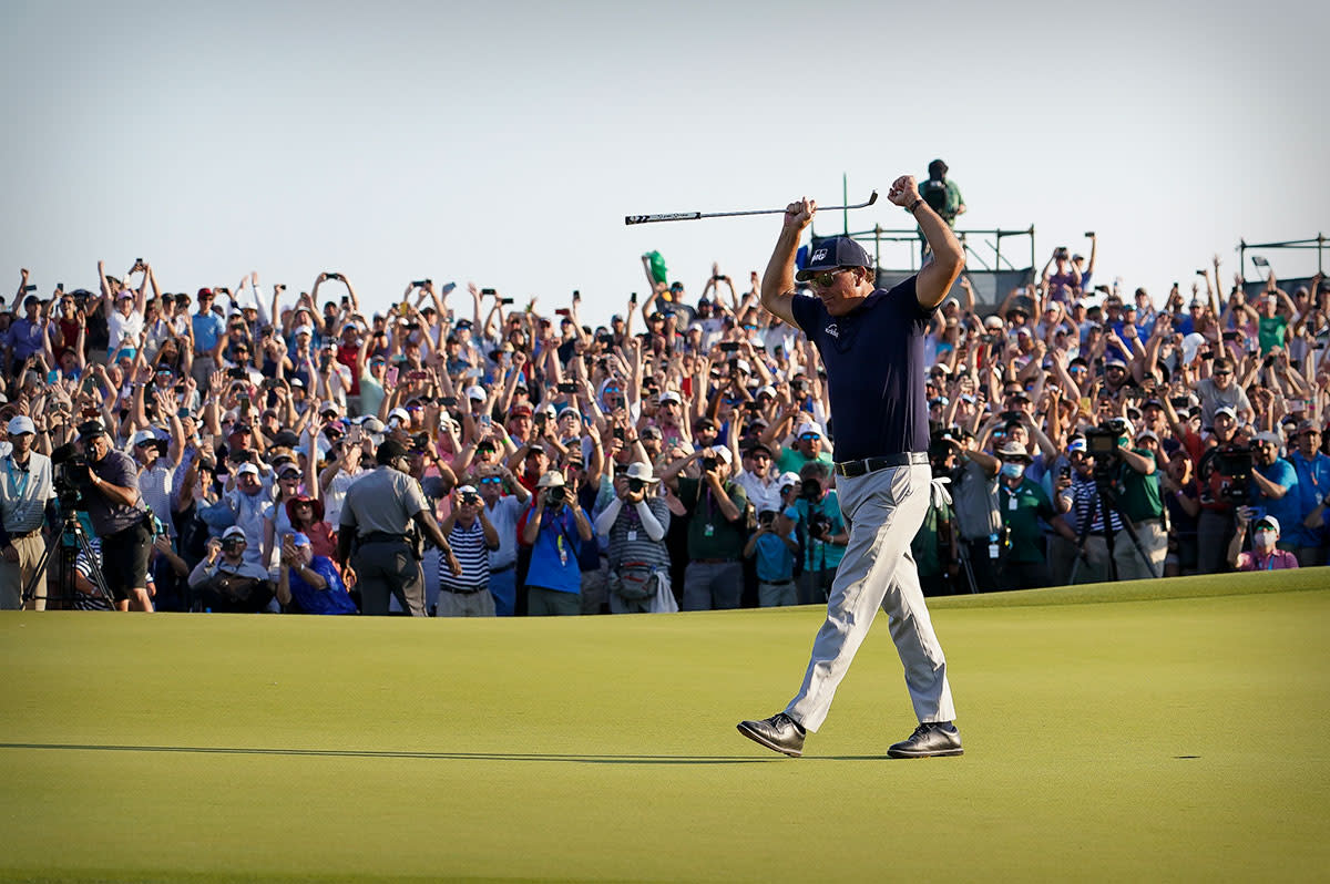 Phil Mickelson celebrates at the 2021 PGA Championship.