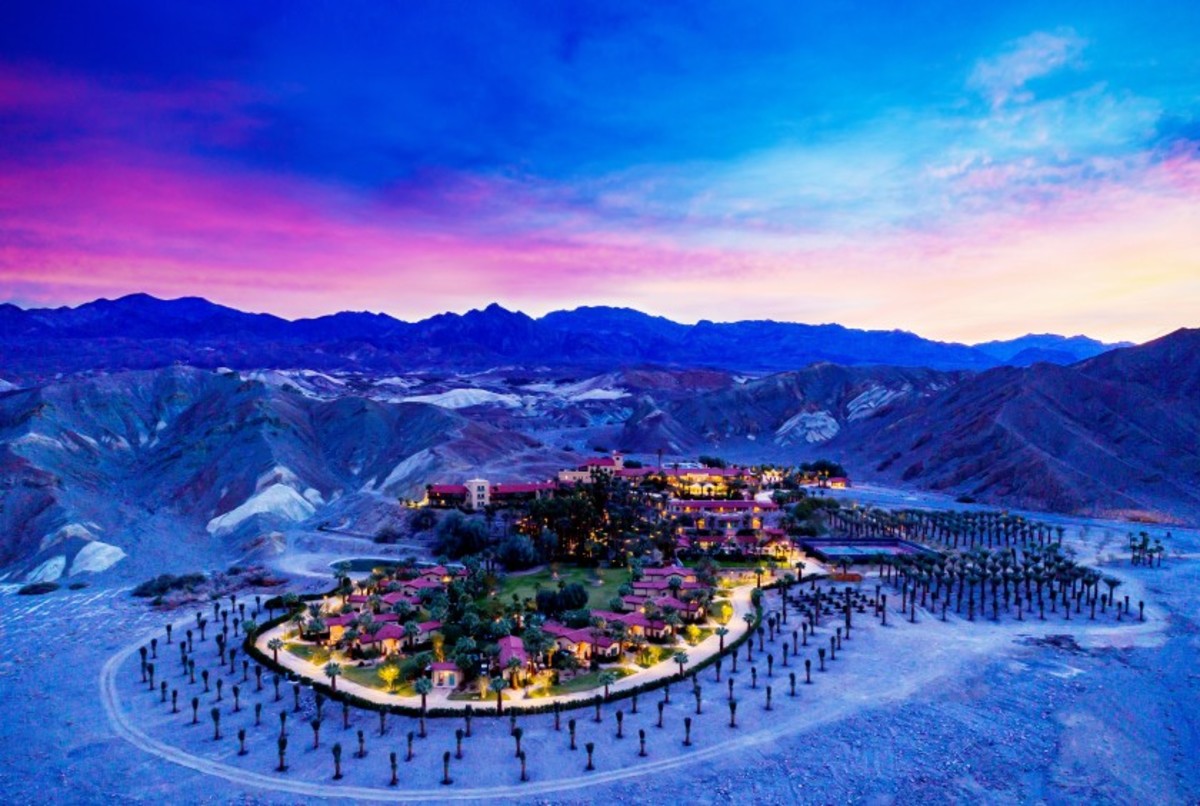 An early evening aerial view of The Inn at Death Valley, one of three lodging amenities at The Oasis at Death Valley.