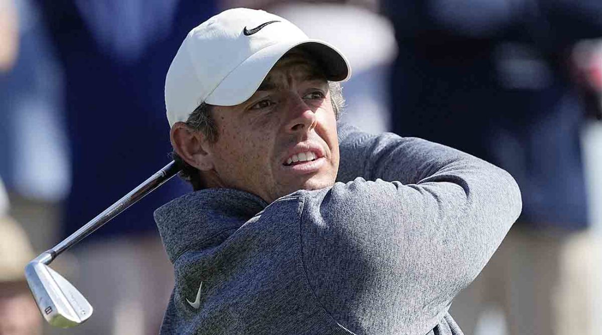 Rory McIlroy watches a shot at the 2023 Players Championship.
