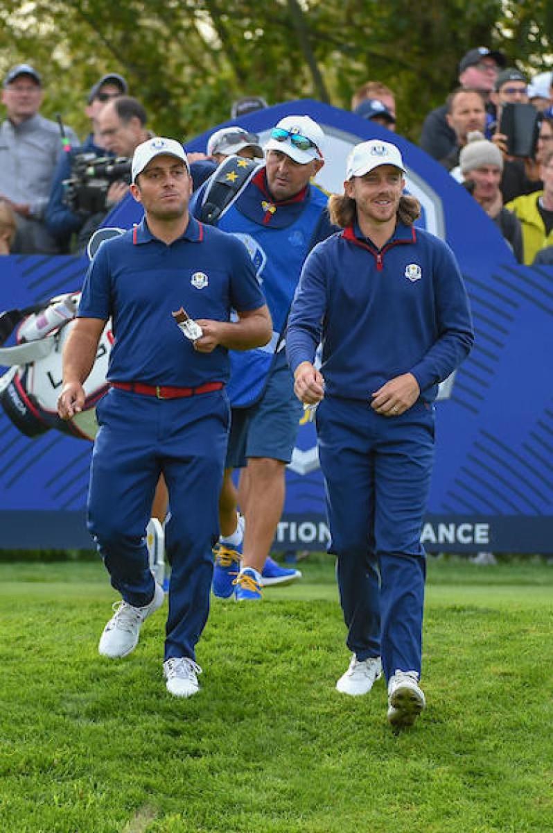 Francesco Molinari (left) and Tommy Fleetwood walk all over the Americans, winning both of their matches Friday and helping stake Europe to a 5-3 lead in the Ryder Cup.